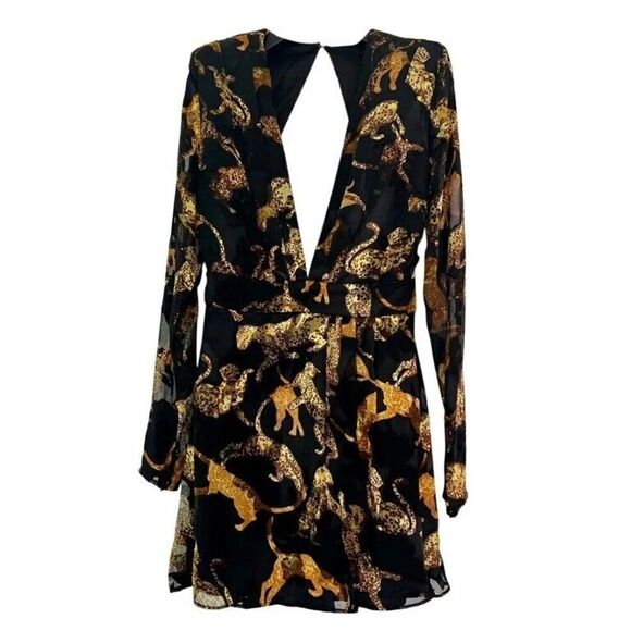 DUNDAS X Revolve dress Gloria Cats Print Gold Black Mini Short Sz XS NWT $348 - Picture 6 of 15